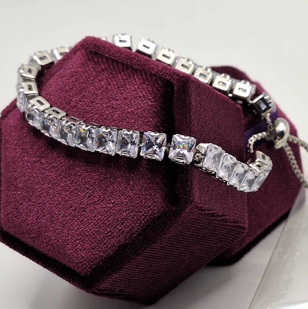 Silver Tone Adjustable Tennis Bracelet Square Cut Crystal Made with Swarovski